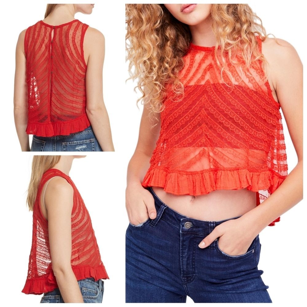 Free People|She's a Doll Red Lace Sleeveless Peplum Top, XS